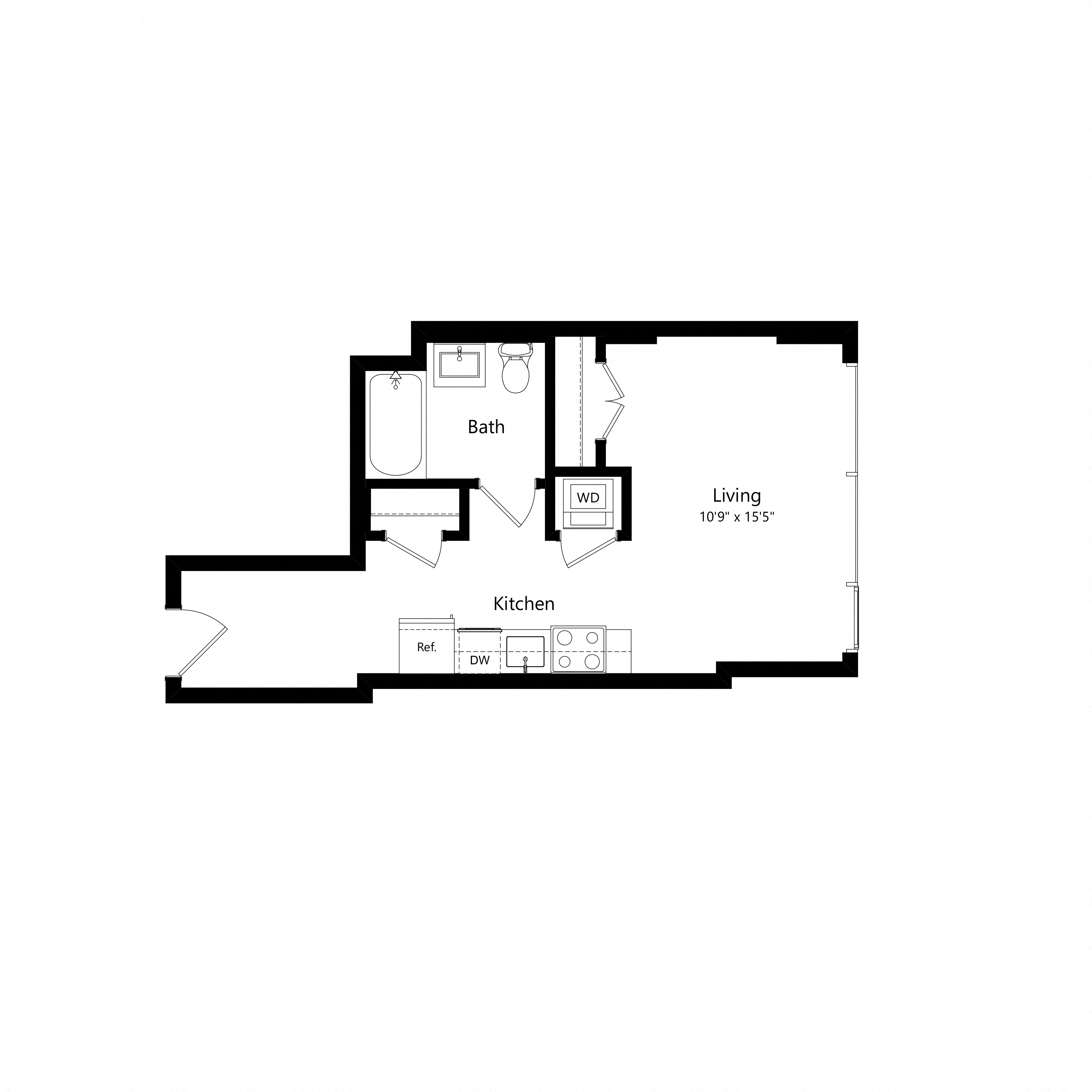 Floor plan for studio, 1 bath, 410 sqft